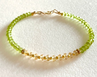 Peridot and Citrine Bracelet, Dainty Beaded Gemstone Bracelet, August Birthstone, 24K Gold Vermeil, Gold Fill