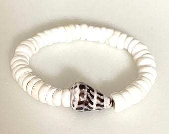 Puka Shell Bracelet, Hawaiian Cone Shell, Genuine 8-10mm Sea Shell Bracelet, White Shell Stretch Bracelet, Beach Girl Jewelry