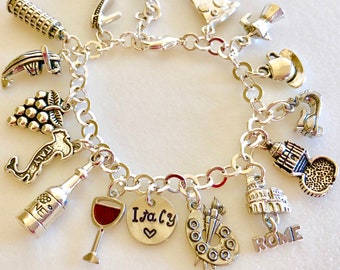 Pulseira com pingentes da Itália, Viagem à Itália, Férias na Itália, Veneza, Torre de Pisa, Toscana, Roma, Pontos turísticos italianos, Gastronomia italiana, Amo Roma