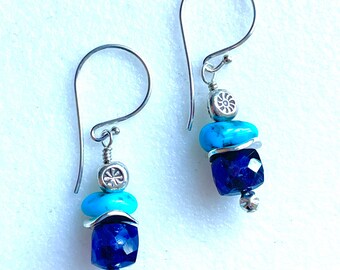 Amethyst and Turquoise Earrings, Sleeping Beauty Turquoise, February Birthstone, Karen Hill Tribe Fine Silver, Sterling Silver