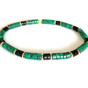 Men’s Malachite and Black Onyx Bracelet, Natural Green Malachite, Black Onyx Heishi Beads, Gold Vermeil, Gemstone Stretch Bracelet, Unisex