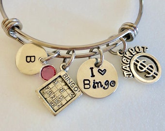 Bingo Bangle, Bingo Lover, Bingo Grandma, Bingo Charm Bracelet, Pewter Bingo Charms, Custom Initial, Swarovski Birthstone, Bingo Gift