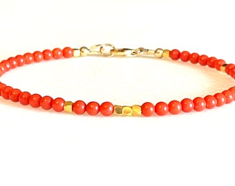 Echte Italienische Rote Koralle Armband, Mittelmeer Tiefsee Koralle, Zierliche 3.2 mm Koralle Armband, Gold Fill, Sterling Silber