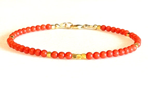 Genuine Italian Red Coral Bracelet, Mediterranean Deep Sea Coral, Dainty 3.2mm Coral Bracelet, Gold Fill, Sterling Silver