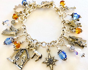 Nativity Charm Bracelet, Christmas Story Charms, First Christmas Eve, Pewter Charms, Swarovski Crystals and Pearls