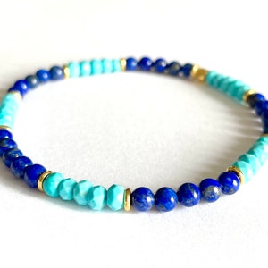 Lapis Lazuli and Turquoise Bracelet, Natural Blue Lapis, Aqua Blue Turquoise, Gold Vermeil, Thai Fine Silver, Minimalist, Stretch, Unisex