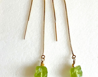 Peridot Threader Earrings, Raw Natural Peridot Gemstones, August Birthstone, Box Chain Threaders, Gold Fill, Sterling Silver.