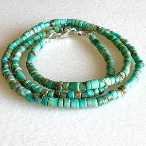 Kingman Turquoise Heishi Necklace, Genuine Arizona Turquoise, Blue Green Gemstone, Minimalist, Unisex, Sterling Silver.