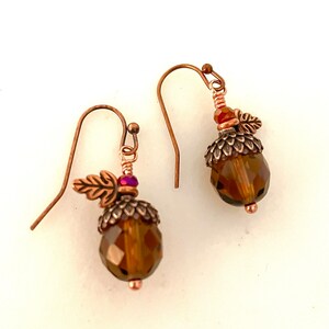 Petite Acorn Earrings, Tiny Czech Glass Acorns, Copper Ear Hooks, Fall Jewelry