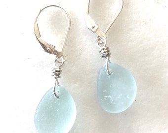 Genuine Blue Sea Glass Earrings, Sky Blue Beach Glass, California Sea Glass Find,  Surf Tumbled, Petite Dangles, Sterling Silver.