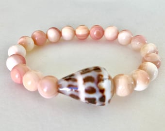 Pink Conch Shell Bracelet, Queen Conch Shell, Hawaiian Cone Shell, Natural Sea Shell Bracelet, Beach Bracelet, Stretch Bracelet