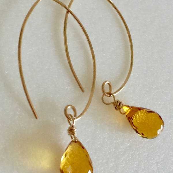 Citrine Yellow Earrings, Yellow Madeira Quartz Gemstones, Golden Topaz Teardrops, November Birthstone,Hand Forged Ear Wires,24K Gold Vermeil