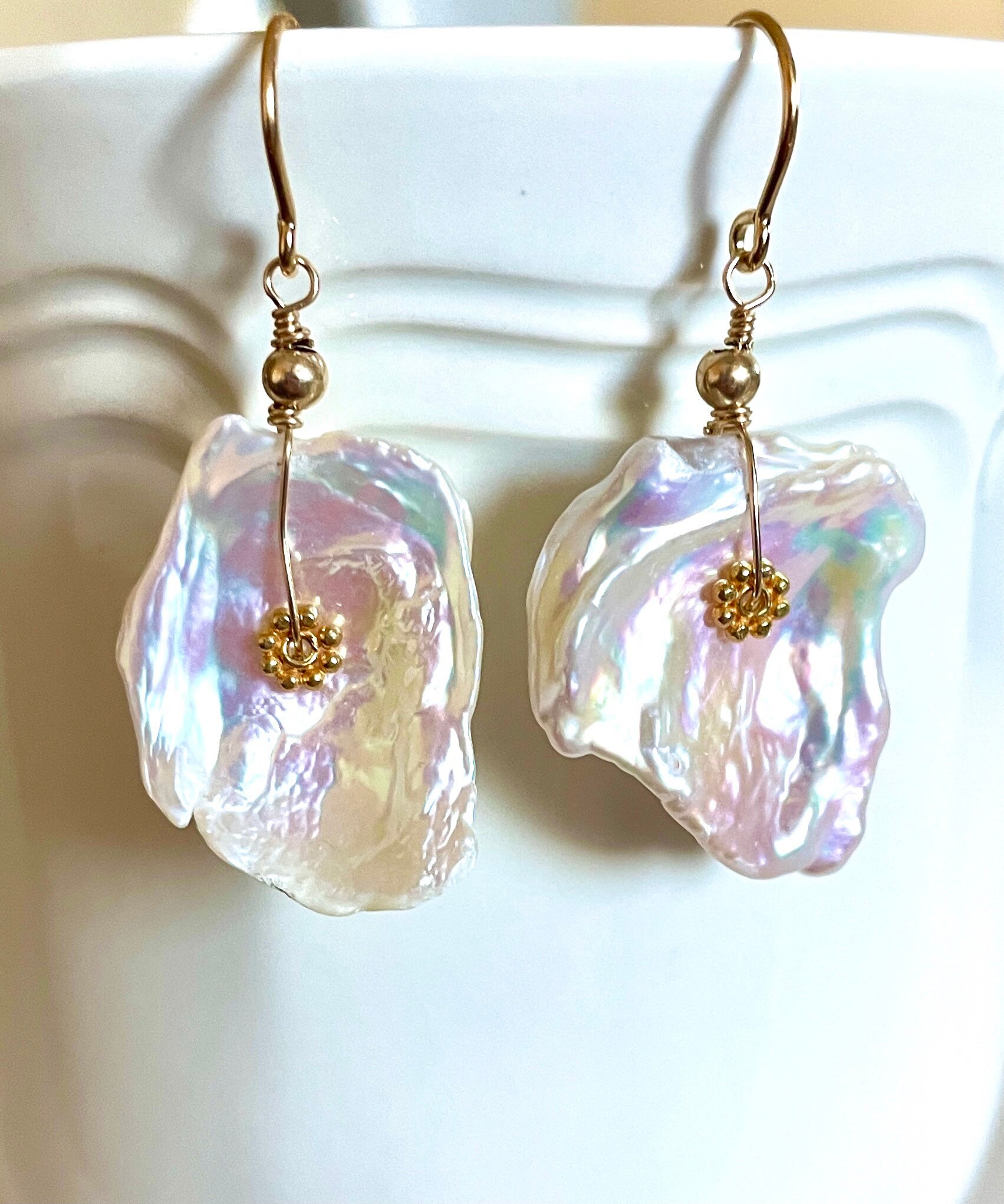White Keshi Pearl Threader Earrings, Freshwater Pearls, Large Cornflake Pearls, June Birthstone, Bridal