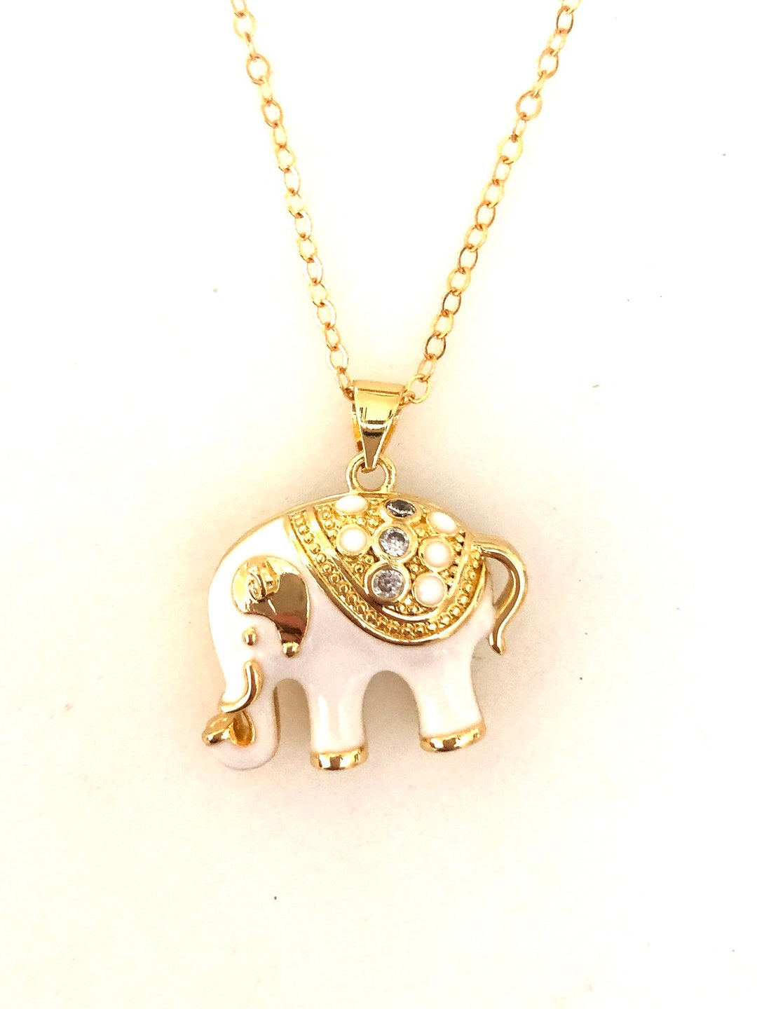 Buy Elephant Necklace, Gold Micro Pave Cubic Zirconium Elephant, White  Enameled Petite Elephant, Good Luck Elephant, Animal Jewelry, Gold Fill  Online