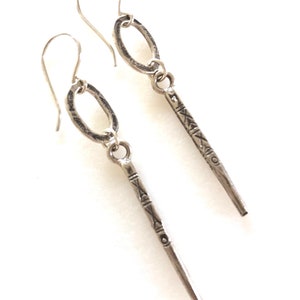 Karen Hill Tribe Pillar Earrings, Thai Fine Silver, Stamped Tribal Sticks, Artisan Ear Wires, Sterling Silver