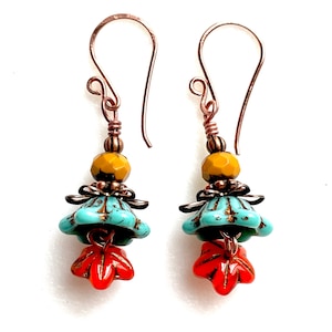 Turquoise And Mustard Yellow Earrings, Boho Earrings, Rustic Picasso Flowers, Premium Czech Glass, Flower Earrings, Handmade Copper Wires