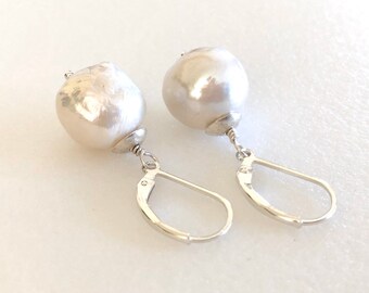 Baroque Pearl Earrings, Large Creamy White Freshwater Pearls, Lever Back Pearl Earrings, Sterling Silver, 14K Gold Fill.