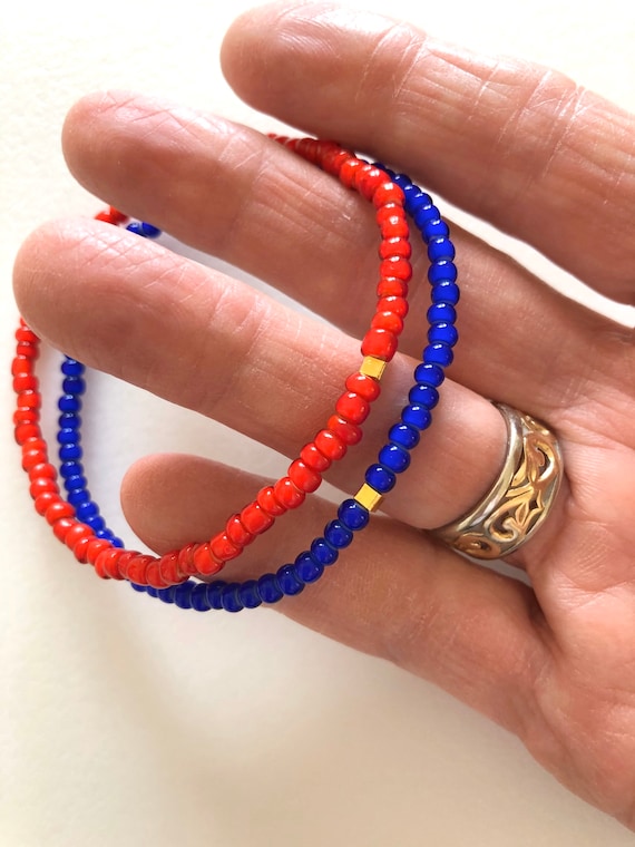 Mens Skinny Red Bead Bracelet African Red White Heart Trade Beads