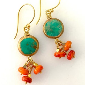 Turquoise Earrings, Genuine Turquoise Gemstones, Spiny Oyster Shell Turquoise, 24K Gold Vermeil