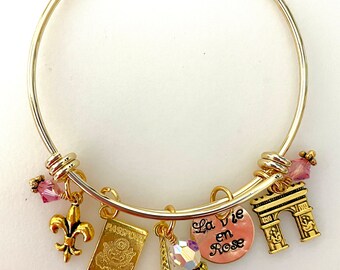 Paris Bangle Bracelet, Gold Paris Charm Bracelet, 