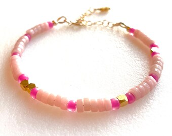 Pulsera de ópalo rosa, ópalos rosados naturales, pulsera delicada con cuentas, piedra de amor y curación, piedra natal de octubre, novia, vermeil de oro, relleno de oro