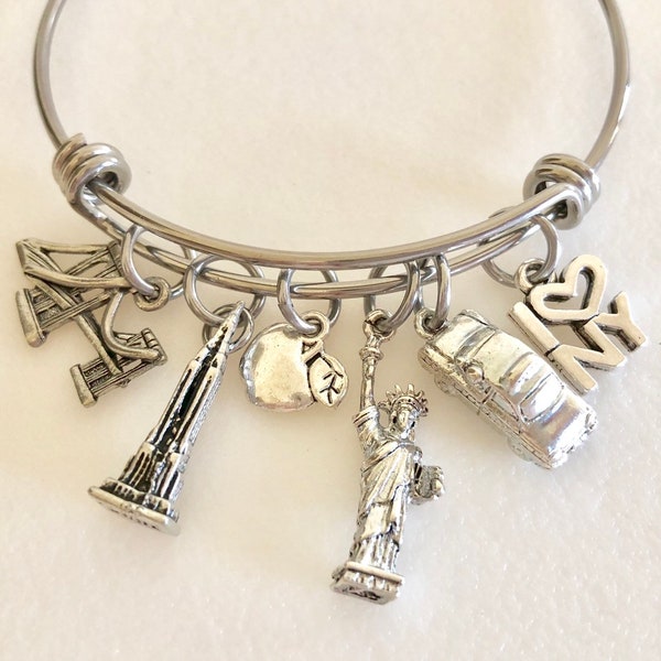 New York Bangle, New York Charm Bracelet, I Love New York, Statue Of Liberty Bangle, New Yorker, New York Trip, Pewter Charms, Adjustable