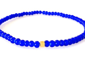 Men’s Skinny Blue Bead Bracelet, Tiny Cobalt Blue African Glass Beads, Fair Trade Beads, 24K Gold Vermeil Accent, Stretch,Minimalist,Unisex