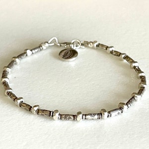 Karen Hill Tribe Fine Silver Bracelet, Dainty Flower Stamped Beads,  Beaded Thai Fine Silver, Minimalist Bracelet.