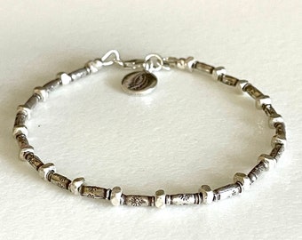 Karen Hill Tribe Fine Silver Bracelet, Dainty Flower Stamped Beads, Minimalist Thai Silver