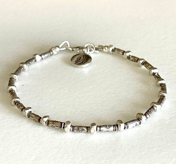［a-BL201] Karen Silver Bracelet 17cm Karen Hill Tribe Fine Silver Bracelet, Dainty Flower Stamped