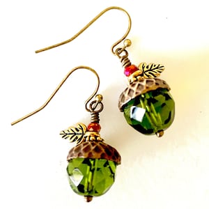 Acorn Earrings, Olive Green Czech Glass,”Vintaj&quot; Bronze Acorn Caps, Antique Gold Oak Leaves, Bronze French Ear Hooks, Fall Earring