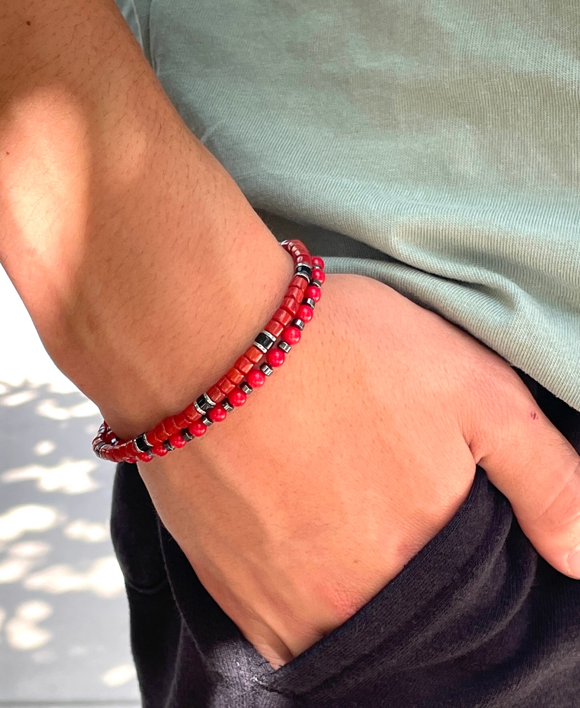 Red Coral Black Onyx Heishi Bracelet, Karen Hill Tribe  display picture 3