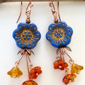 Cornflower Blue Flower Earrings, Premium Czech Glass, Blue Topaz Orange Picasso Flowers, Flower Dangles, Flower Earrings, Boho, Copper