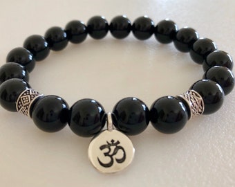 Men's Black Onyx Bracelet, Om Bracelet, Yoga, Protection, Strength, Healing, Gemstone, Meditation Jewelry, Stretch Bracelet, Gift For Him
