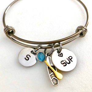 SUP Bangle Bracelet, Stand Up Paddle Board Charm Bangle, Paddle Boarding Bangle, Love SUP, Hand Stamped, Custom Initial,Crystal Birthstone