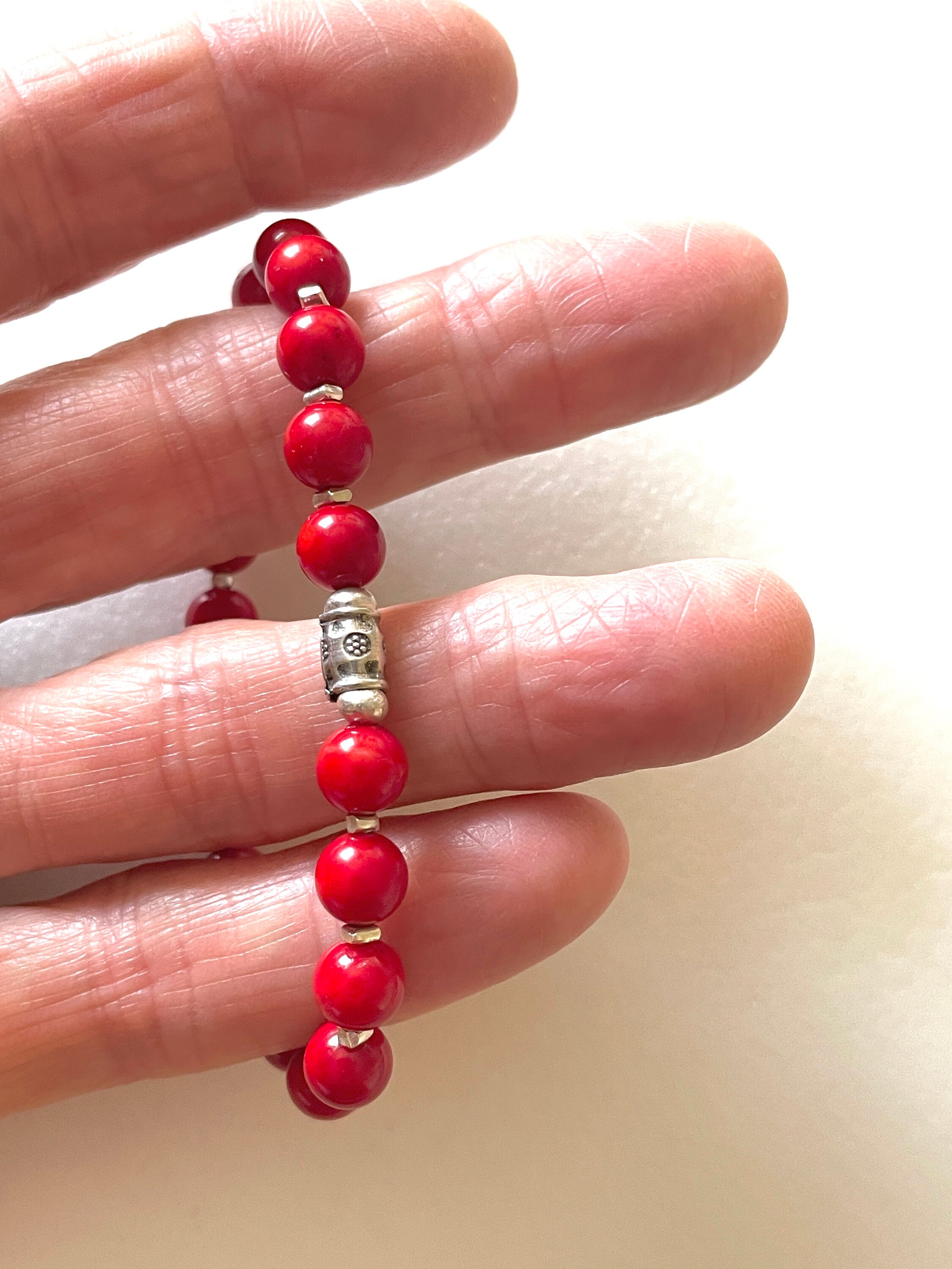 Red Coral Bracelet, 6mm Natural Bamboo Coral, Karen Hill Tribe