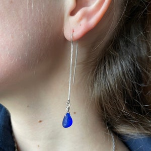 Genuine Cobalt Blue Sea Glass Threader Earrings, Real Sea Glass, Petite Sea Glass Drops, Surf Tumbled, Beach Find, Sterling Silver.