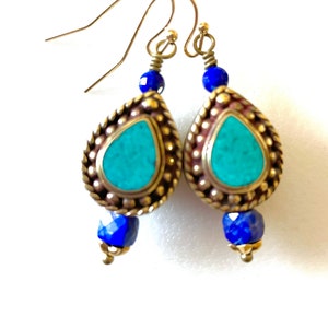 Turquoise and Lapis Earrings, Tibetan Brass Bead, Handmade Pear Shaped Beads, Gold Pewter Accents, French Wires