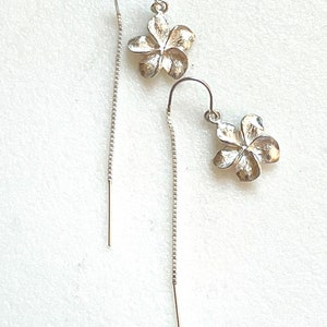 Sterling Silver Plumeria Threader Earrings, Hawaiian Flower Earrings, Box Chain Threaders, Bridal.