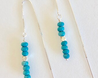 Turquoise Sterling Silver Threader Earrings, Boho Dangle