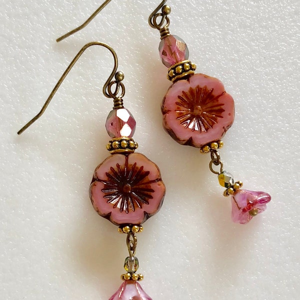 Pink Flower Earrings, Czech Glass Hawaiian Flower, Fuchsia Pink Bellflowers, Premium Picasso Glass, Flower Earrings, Antique Gold