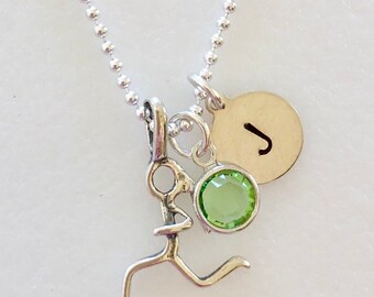 Sterling Silver Girl Runner Necklace, Female Stick Figure, Girl Running, Marathon Runner, Custom Initial, Swarovski Birthstone, Love To Run