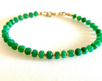 Emerald Bracelet, Natural Green Emerald Gemstone, May Birthstone, Dainty Beaded Bracelet, 24K Gold Vermeil, Sterling Silver