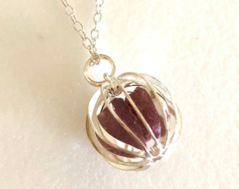 Sterling Silver Raw Garnet Cage Necklace, January Birthstone