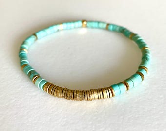 Set Braccialetti Colorati Heishi Per Donna - Perline Acriliche E Oro, Elastici, Impilabili, Stile Boho