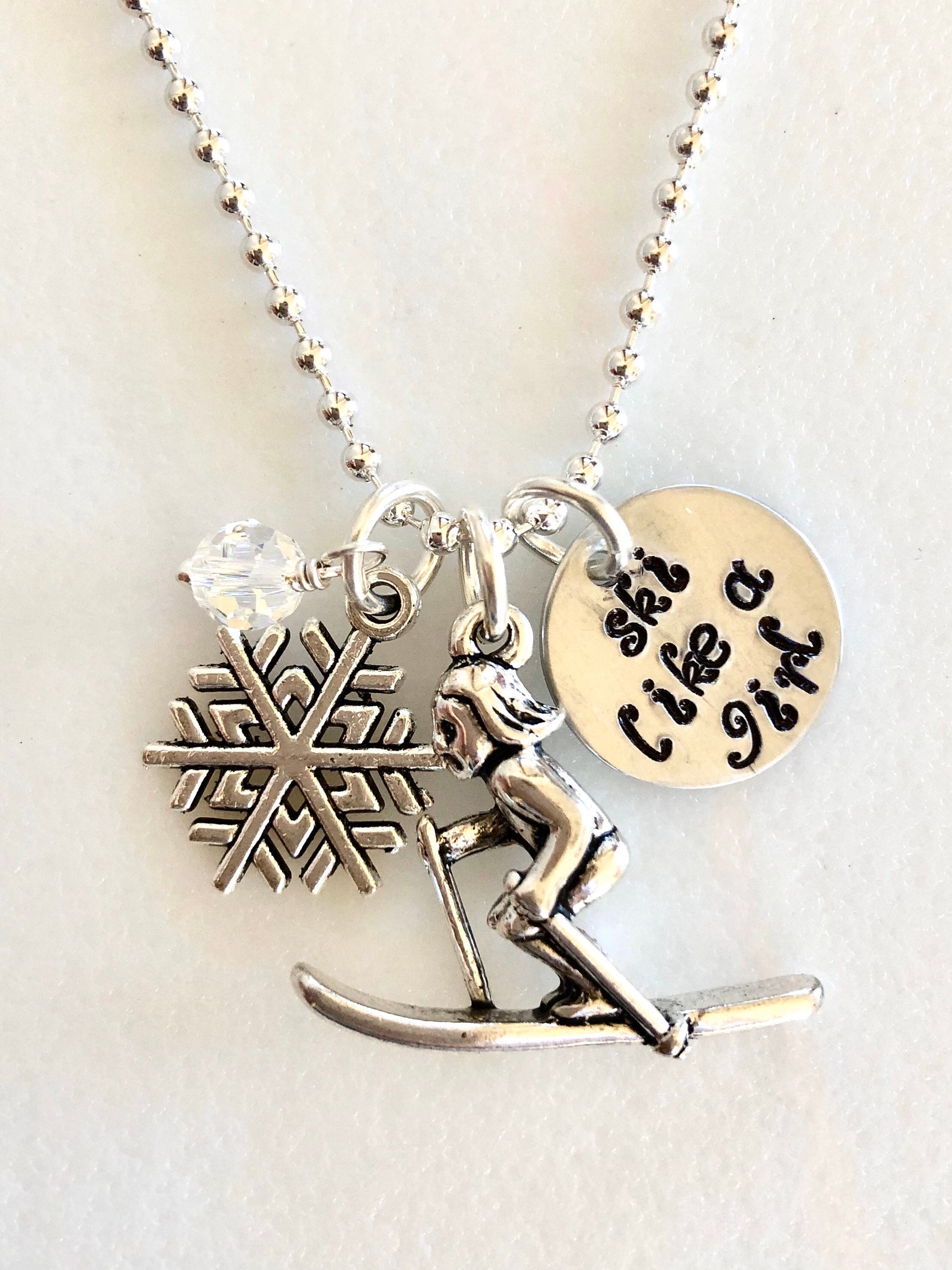 Ski Charm Necklace Snow Skier Necklace Hand Stamped Etsy