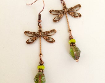 Olive Green Glass Earrings, Dragonfly  Earrings, Green Pine Czech Glass, Copper Filigree Dragonfly Earrings, Boho Earrings, Fall Earrings