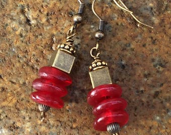 Red African Bead Earrings, Ghana Krobo Beads, African Fair Trade, Handmade Beads, Powder Glass, Antique Bronze Accents