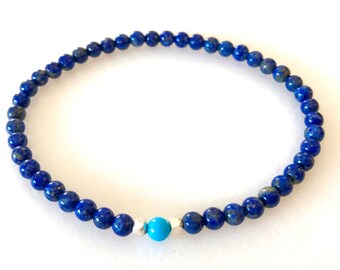 Men’s Lapis Lazuli Turquoise Beaded Bracelet, Blue Lapis, Genuine Sleeping Beauty Turquoise, Karen Hill Tribe, Unisex, Stretch.