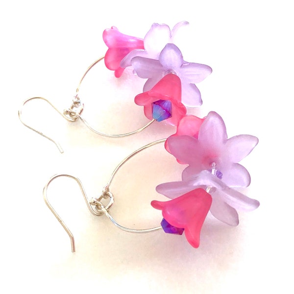 Lavender Pink Orchid Earrings, Hawaiian Orchid Dangles, Flower Earrings, Lucite Flowers, Swarovski Crystals, Sterling Silver Hoops